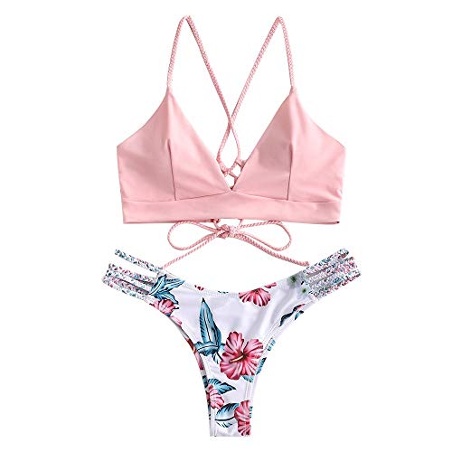 ZAFUL Women's Lace-Up Braided Bikini Swimsuit Two Piece Flower Bikini Set Swimwear Pink