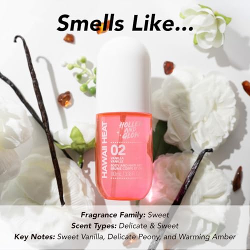 Image of Holler And Glow Hawaii Heat Vanilla Body & Hair Mist, Body Spray For Women, Hair Perfume For Women, Delicate Peony, Amber Scented, Warm & Sweet, Travel Sized, 3.38 Fl Oz