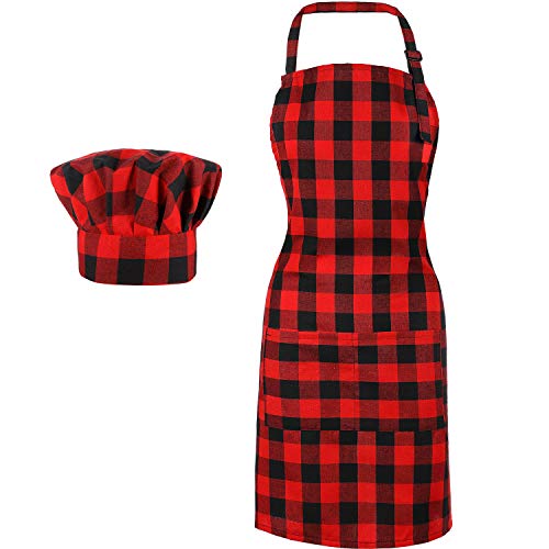 SATINIOR Plaid Check Cooking Apron and Chefs Hat, Red Retro Gingham Cotton Fabric