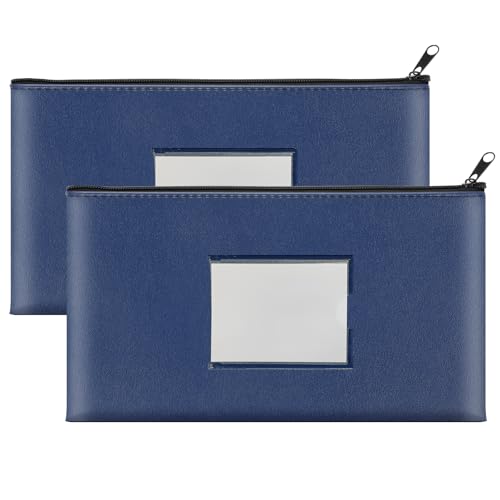 2 Pack PU Leather Bank Money Bags with Zipper & Label, Navy Blue