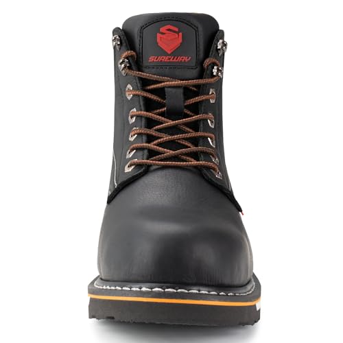 SUREWAY 6 in Mens Heavy Duty Soft/Steel Toe Work Boots for Men,Goodyear Welted,Full Grain Leather,Slip Resistant,EH Safety Industrial Construction Boot,Soft Toe Black White,Size 9.54