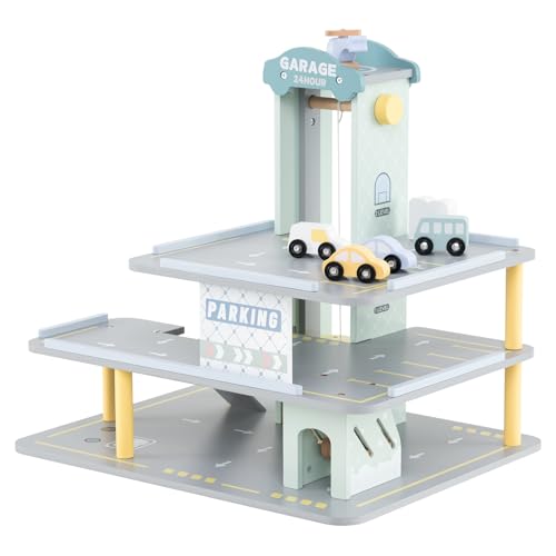 COSTWAY Parkhaus Holz, Parkgarage mit 3 Etagen & 4 Autos & Aufzug,...