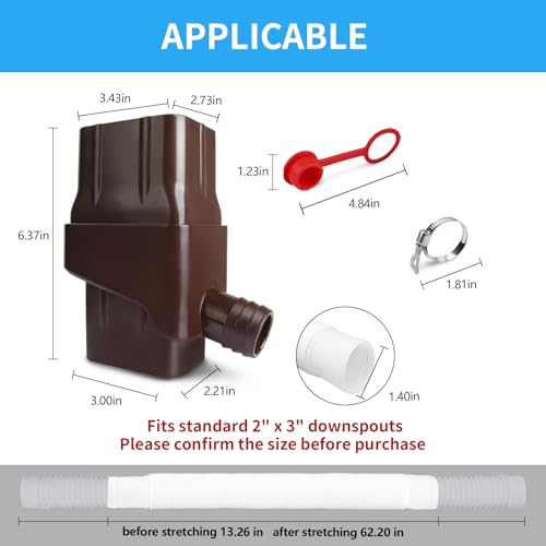 Rain Barrel Diverter Kit - Rainwater Collection System Fits 2x3 Inch Standard Gutter Downspout with 50\" Hose, Includes: Rain Diverter, Sealing Plug, Stainless Steel Hose Clamp -(Brown) - Thumbnail 2