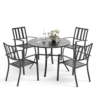 PHI VILLA Garden Table and Chairs for 4, Outdoor Furniture Sets with Stackable Metal Chairs and Round Table, 5 Pieces E-coating Patio Dining Set for Balcony Backyard Deck Porch