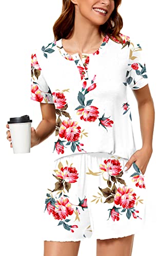 Syoss Women's Pajamas Sets, Summer Casual Short Sleeves Henley Round Neck Button Up Tunic Top With Comfy Capri Pants, Loungewear Sleepwear 2 Piece Ladies Pjs Sets With Pockets Xxl, Floral White #TOP2