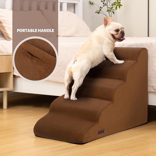 Image of Aodisman Dog Stairs for High Bed,5-Step Pet Ramp for Small Dogs and Cats | 22.2 inch H Dog Steps for Bed with High-Density Foam, Help Olders,Short-Legged Dogs,Puppy and Cats Get on Beds Easily,Grey,Brown