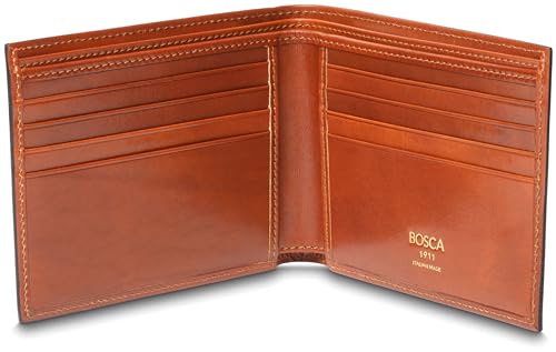 Bosca Men's Old Italian Leather Wallet RFID Blocking Modern Bifold Executive Design 8 Card Slots, Made in Italy - Amber Brown