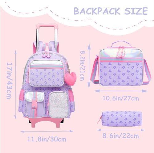 Rolling Backpack for Girls with Wheels Backpacks for Girls with Lunch Bag Pencil Case Backpack for School Kindergarten Elementary Kids Lightweight Travel Suitcase2