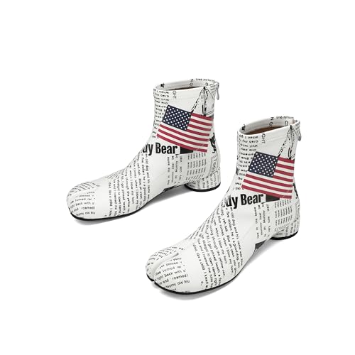 Image of Split Toe Ankle Boots for Women Tabi Japanese Ninja Shoes Low Chunky Heels Booties, Stretch Artificial Leather Boots Back Zipper