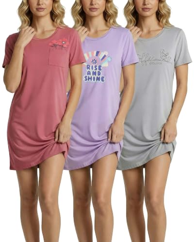 Image of Real Essentials 3 Pack: Women's Short Sleeve Nightgown Dress - Nightshirt Pajama Sleep Shirt Sleepwear (Available in Plus)