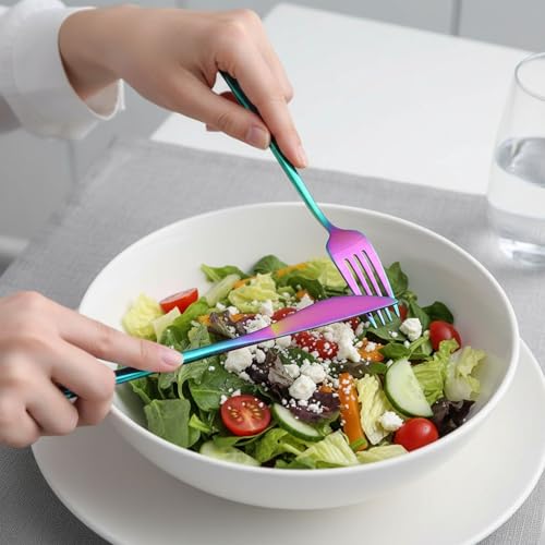 Image of Slim Handle Rainbow 25 Pcs Stainless Steel Cutlery Set for Dining Table, Dishwasher Safe Glossy Flatware (5 Spoon Set+5 Forks Set+5 Butter Knife+5 Dessert Spoon+5 Fruit Fork)