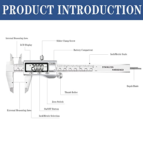 Acemeter Digital Caliper 6 Inch Measuring Tool Stainless Steel Vernier Caliper Digital Micrometer With Large Lcd Screen,Auto-Off Feature, Inch/Metric Conversion Measuring Tool Caliper (6 Inch) #TOP4