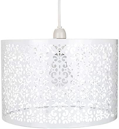 Unique Marrakech Designed White Metal Circular Pendant Light Shade with Floral Decor, 29cm Diameter and Maximum 60watt Bulb Allowed by Happy Homewares