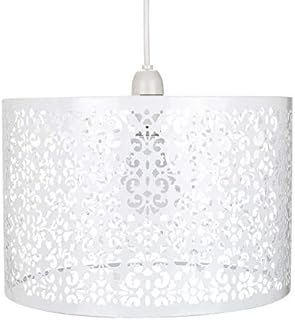 Unique Marrakech Designed White Metal Circular Pendant Light Shade with Floral Decor, 29cm Diameter and Maximum 60watt Bulb Allowed by Happy Homewares