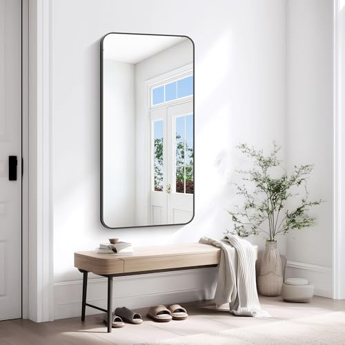 Image of KOCUUY Black Bathroom Vanity Mirror, 24 x 48 inch Metal Frame Mirror with Rounded Corner, Rectangle Design of Upgraded Shatterproof Glass for Bathroom, Bedroom, Living Room, Entryway
