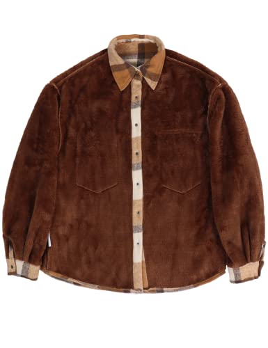 Mundoven Womens Sherpa Lined Flannel Jacket Lapel Button Down Warm Fleece Plaid Shirt Shacket Coat With Pockets(0096-Browngrey-Xl) #TOP2