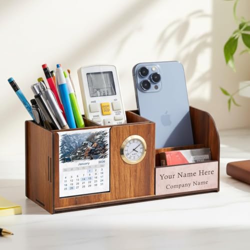 Image of Deskart Personalized Pen Holder Stand with Clock, Two Years Calendar, Business Visiting Card & Mobile Holder | Multipurpose Desk Organizer with Name Engraving for Office Desk and Gifting