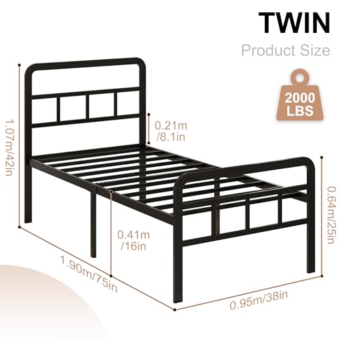 Richwanone 16 inch Twin Bed Frame with Headboard and Footboard, Metal Bed Frame with Steel Slat Support, No Box Spring Needed, Easy Assembly, Black by Richwanone - Image 2