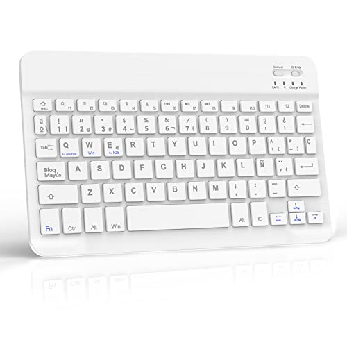 DINGRICH Teclado Español para iPad Tablet Bluetooth Teclado Inalámbrico Portátil para iPhone, iOS, Samsung, Huawei, Android, Windows y Cualquier Dispositivos Negro Blanco