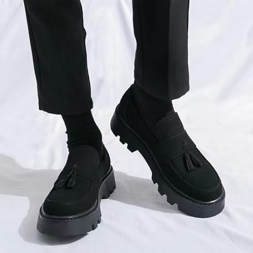 Men's Suede Tassel Platform Penny Loafers Retro Round Head Wide Toe Lug Sole Non-Slip Slip-On Formal Shoes Casual Business Loafers3