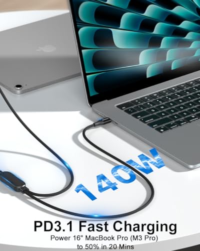 Huntkey USB C Cable 140W Max, 2-in-1 USB C to USB C Cable, Fast Charging Cord Type C for MacBook Air/Pro, iPhone 17/16/15 Pro, Plus, Pro Max, iPad and More (Braided) — view 2
