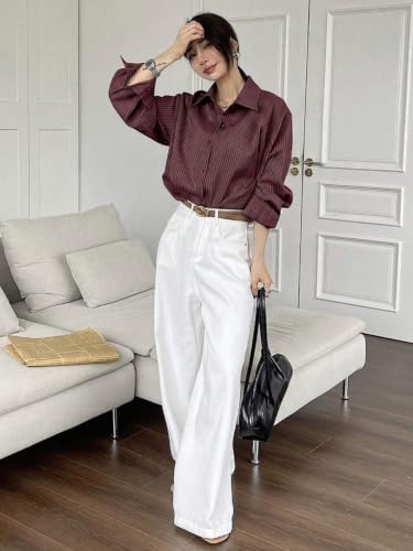 Image of GRECIILOOKS Striped Shirt for Women | Korean Style Full Sleeve Oversized Button Down Shirts | Tops for Women | Shirt for Woman | Plus Size Top for Office & Casual Outfit