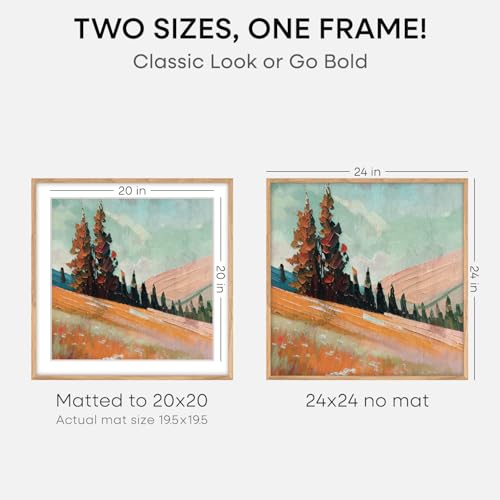 Image of Homeforia 24x24 Wood Picture Frame, High End Natural Oak 24 x 24 Square Light Wooden Poster Frame with Mat 20 by 20 Photo, 24by24 Large Frames Matted to 20x20 Print, Tempered Glass, Wall Kit, Set of 1