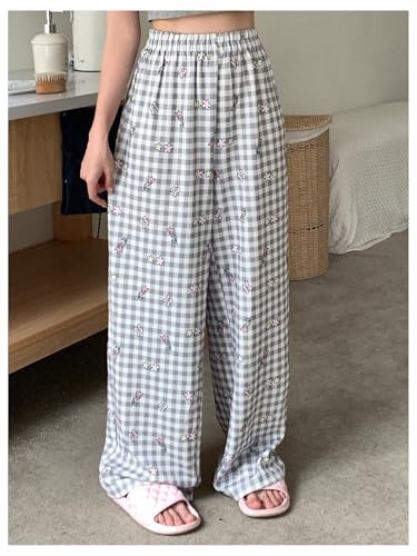 SHENHE Calça de pijama feminina xadrez xadrez cintura elástica fofa solta para dormir, Cinza, P