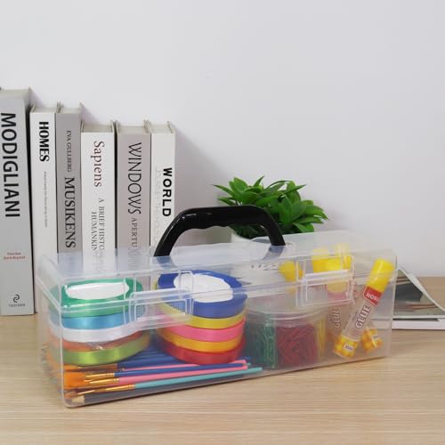 Image of Plastic Storage Container with Lid, Clear Craft Tool Art Supply Sewing Organizer Box with Handle, Storage Bin for Paint Brush, Cards, Pencils, Crayon, Toys, Ribbons (L 13.98 x 4.21 x 4.72 in)