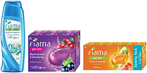 Image of Fiama Cooling Shower Gel Menthol & Magnolia, body wash with skin conditioners & menthol for moisturized & cool skin, 250 ml bottle&Fiama Gel Bar&Fiama Gel Bar Peach and Avocado, 125g (Count of 6)
