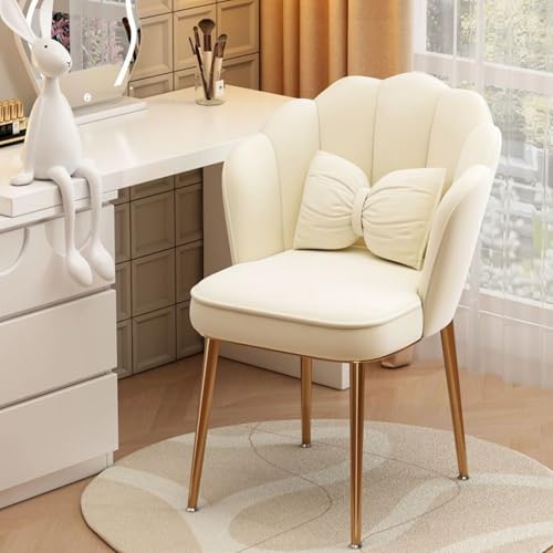 VAODO Vanity Chair with Backrest Petal Desk Chair with Bow Cushion Velvet Dining Chair Metal Legs with Non-Slip Feet Bedroom Makeup Dressing Table Seat White