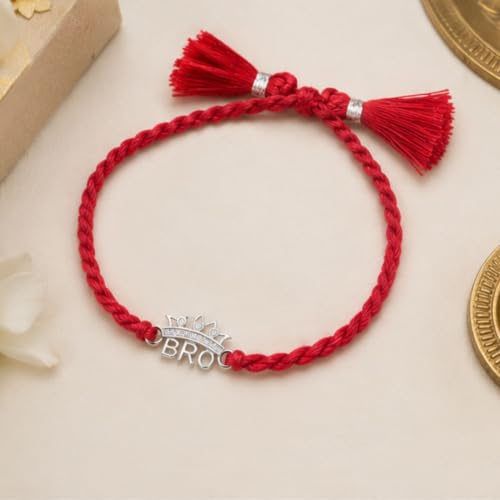 Image of AIRA 925 Sterling Silver Premium Designer Bracelet Rakhi for Brother | Handmade Raksha Bandhan Sacred Thread with Silver-Tone Geometric Charm & Adjustable Red Braided Cord | Traditional Festival Rakhi Gift