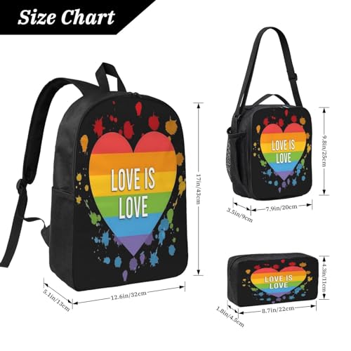 Love Is Love LGBT Pride Rainbow Heart Gay 17 Inch Backpack Sets Lunch Bag Lightweight Daypack for Men Women 3Pcs2