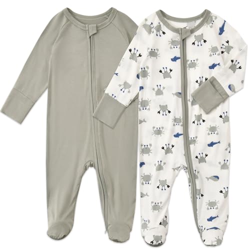 Image of Aablexema Baby Footed Coverall Pajamas with Mittens Rayon from Bamboo 2pcs Newborn Infant 2-way Zipper Outfit