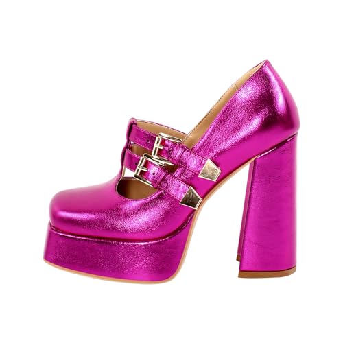 Richealnana Women's Mary Jane Style Pumps Shoes Square Toe Buckle Strap High Heeled Platform Pumps3