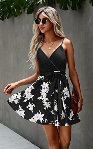 Image of ECOWISH Summer Dresses for Women 2026 V-Neck Spaghetti Strap Bowknot Backless Sleeveless Lace Mini Swing Skater Dress