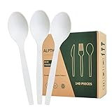 100% Compostable Spoons, 140 Large Disposable Utensils(6.5 in.) Heavy Duty Biodegradable Cutlery CPLA Spoons, Eco-Friendly Durable and Heat Resistant Alternative to Plastic Spoons by ALPTHY