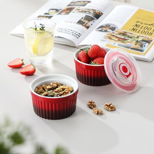 vancasso RAMEKINS Zestaw 6 foremek do sufletu o pojemności 260 ml, Ø 9,5 cm, bezpieczne w piekarniku, porcelanowe suflety z pokrywką, małe ceramiczne miski, mini foremki do zapiekanek, czerwone
