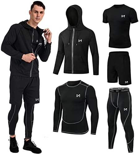 MEETYOO 5Pcs Men's Compression Sets Pants Long Sleeve Shirt Athletic Shorts Running Jacket, Black, Large