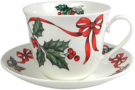 Roy Kirkham Christmas Ribbon Breakfast Teacup and Saucer Set Fine Bone China England