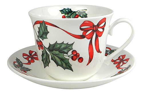 Roy Kirkham Christmas Ribbon Breakfast Teacup and Saucer Set Fine Bone China England