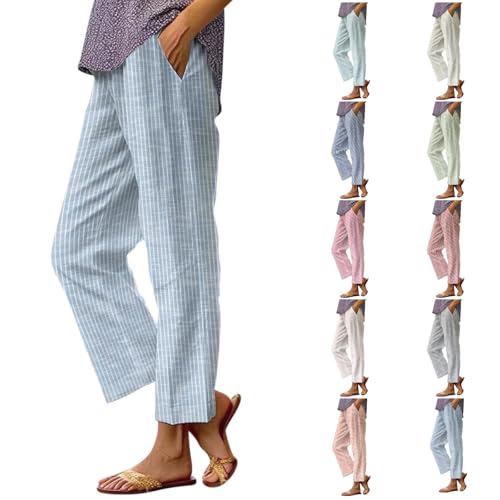 APRDFEU Slacks for Women Side Stripe Trousers Lightweight Casual Elastic Waist Straight Leg Beach Vacation with Pocket Sky Blue