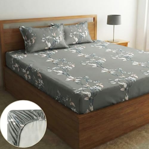 Image of Home Sizzler 210 TC Microfibre Dusty Grey Floral Double Fitted Bedsheet (72X78 inch) with 2 King Size Pillow Covers