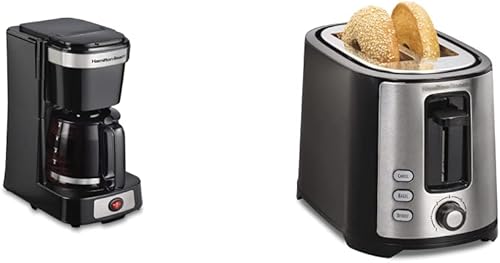 Hamilton Beach Cafetera compacta de goteo de 5 tazas, funciona con enchufes inteligentes, jarra de vidrio, pausa y vertido automático y tostadora de