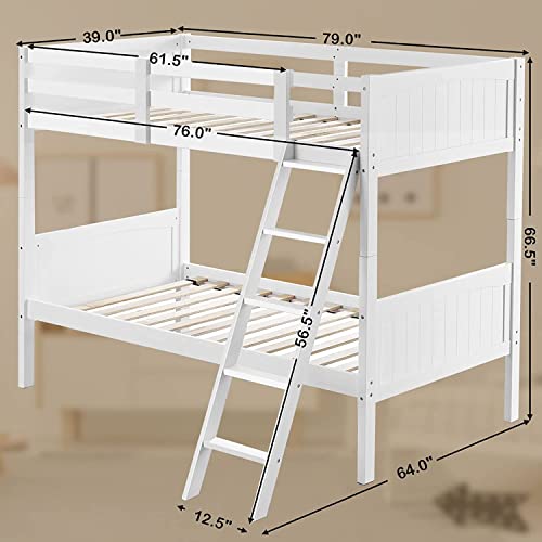 Komfott Wood Bunk Bed Twin Over Twin, Space-Saving Solid Wood Bunk Bed Frame With Ladder & Full-Length Guardrail For Kids Teens, Convertible Into 2 Individual Beds, No Box Spring Needed (White) #TOP2