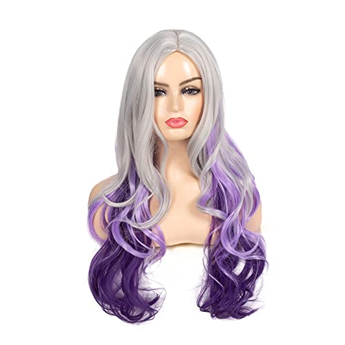 Beweig BW-L588-PURPLE Long Curly Wavy Silver Grey To Purple Wig Side Part Natural Looking Synthetic Cosplay Wig thumb #2