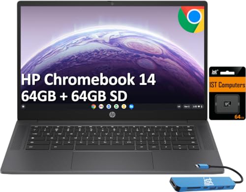 Image of HP Chromebook 14 Laptop (14 inch HD, Intel 4-Core N100, 4GB RAM, 64GB eMMC + 64GB SD Card) for Home, Students & Everyday Use, 12-Hr Battery Life, Fast charge, Webcam, Wi-Fi 6, IST HUB, Chrome OS (Renewed)