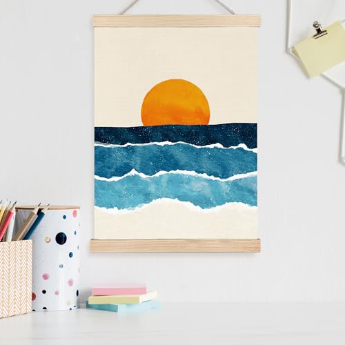 Image of PQKIY Abstract Boho Sun Ocean Wall Art Poster Hanger Frame 12x16 in, Minimalist Mid Century Modern Sunrise Sunset Ocean Waves Wall Decor Canvas Prints for Home Bedroom Living Room