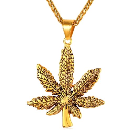 U7 Men Fashion Necklace 18K Gold Plated Plant Cannabis Weed Marijuana Pendant Necklace