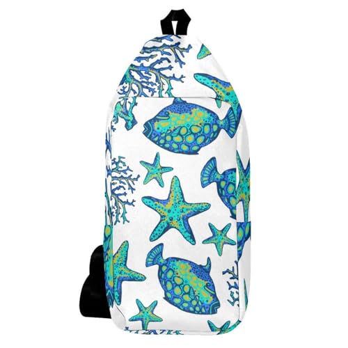 Mochila bandolera ajustable con estampado tropical de coral y peces para hombres y mujeres